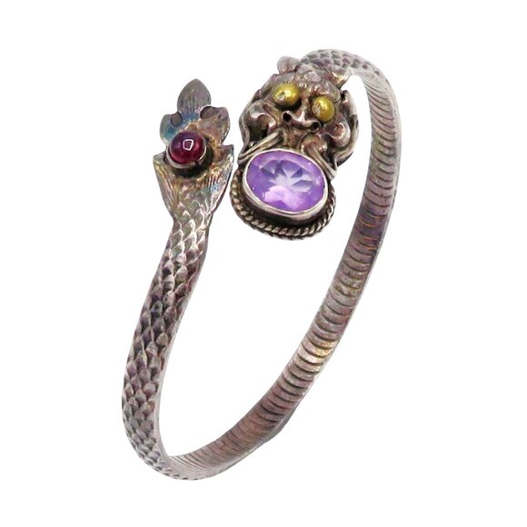 Vintage Sterling Silver Amethyst Snake Serpent Dragon Bangle/Cuff Style Bracelet - Picture 9 of 11